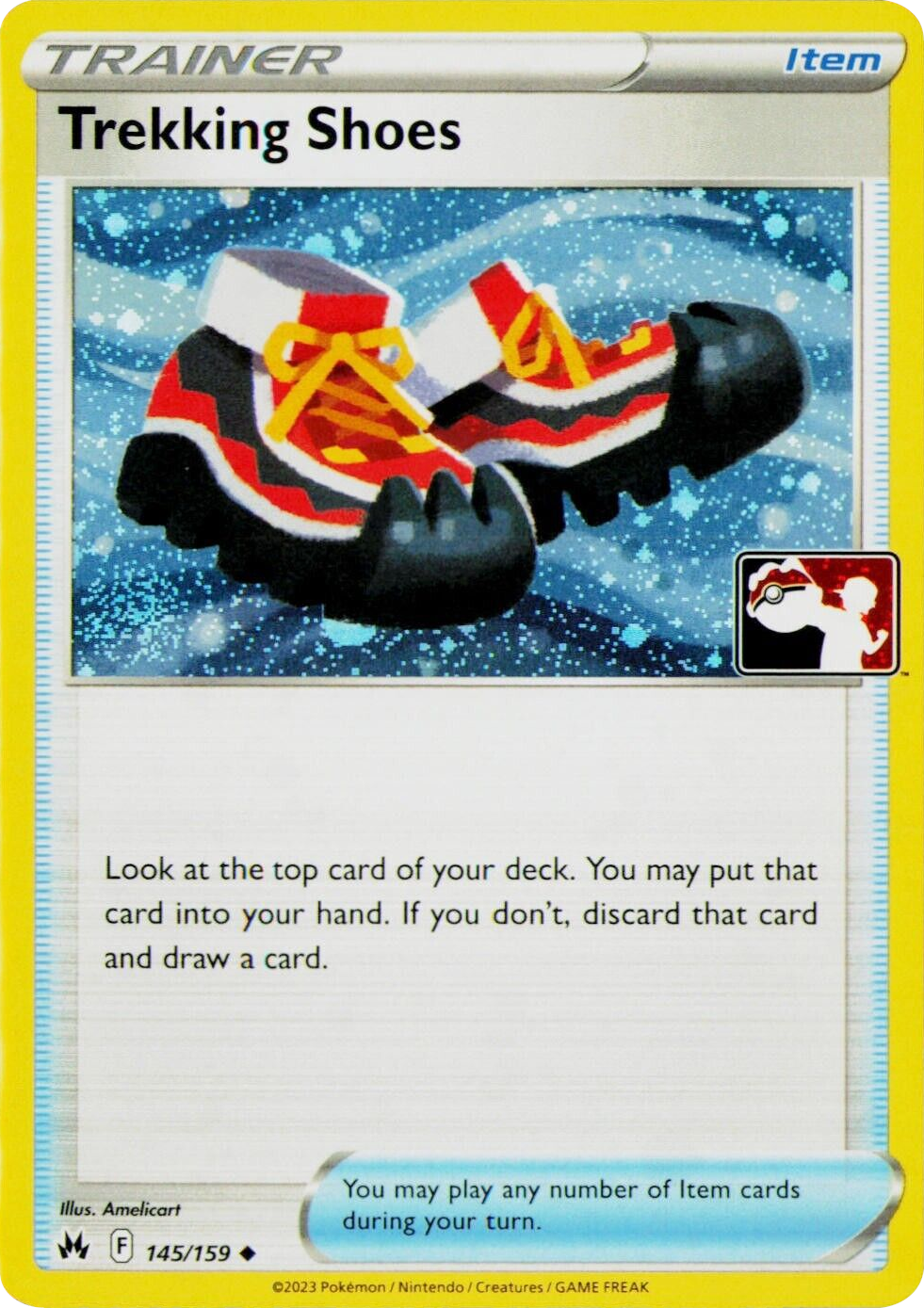 Trekking Shoes 145/159 | Play! Pokémon Stamped reference image. See following photographs for the actual card and condition.