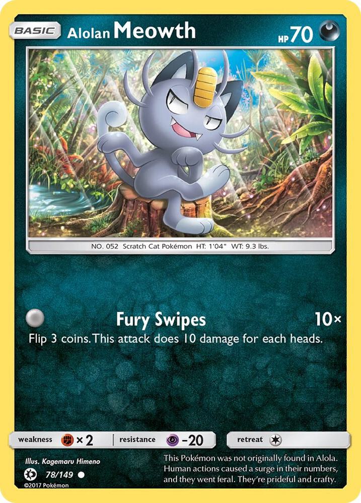Alolan Meowth catalogue reference image. See subsequent photos for actual card condition.
