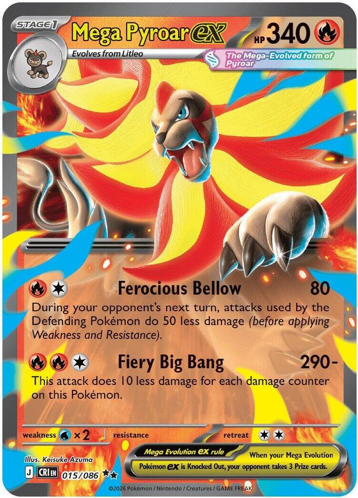 Mega Pyroar ex - 015/086 catalogue reference image. See subsequent photos for actual card condition.