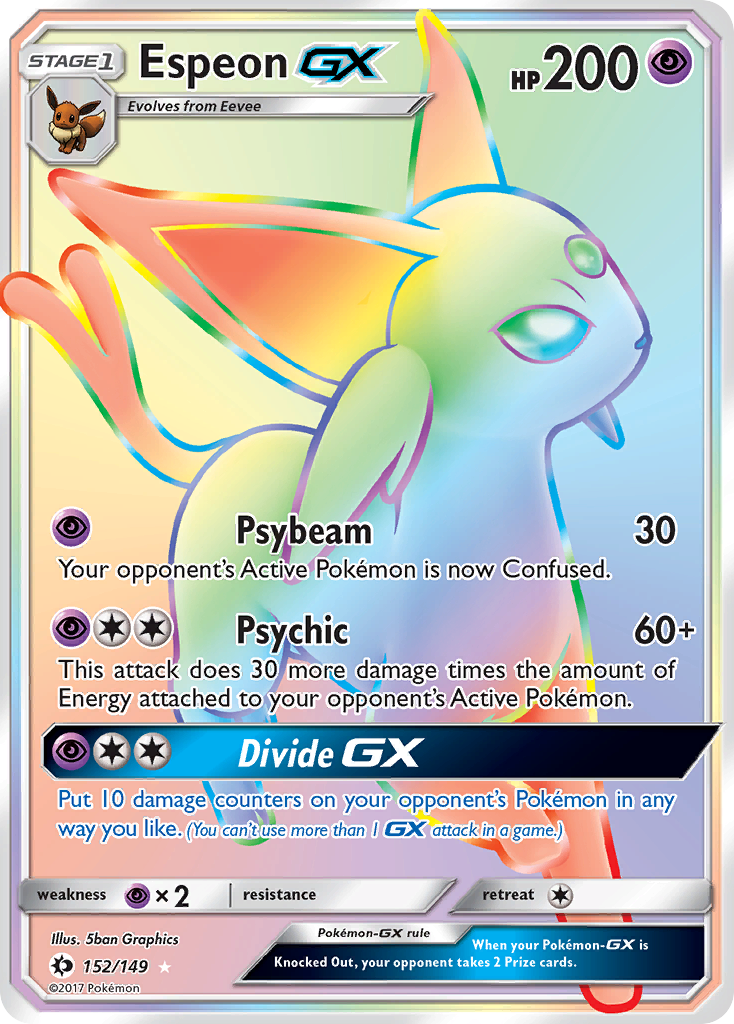Espeon-GX 152/149 Sun & Moon Rainbow Rare catalogue reference. See the following 12 photographs for the actual card and its condition.