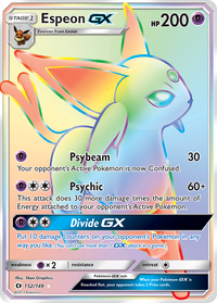 Espeon-GX 152/149 Sun & Moon Rainbow Rare catalogue reference. See the following 12 photographs for the actual card and its condition.