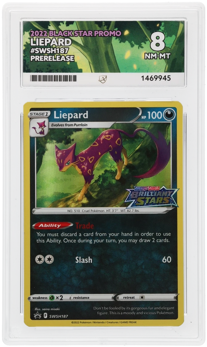 Front of Liepard SWSH187 Black Star Promo in its ACE 8 NM-MT slab, certificate 1469945.