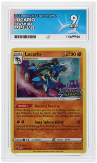 Front of Lucario SWSH186 Black Star Promo in its ACE 9 Mint slab, certificate 1469946.