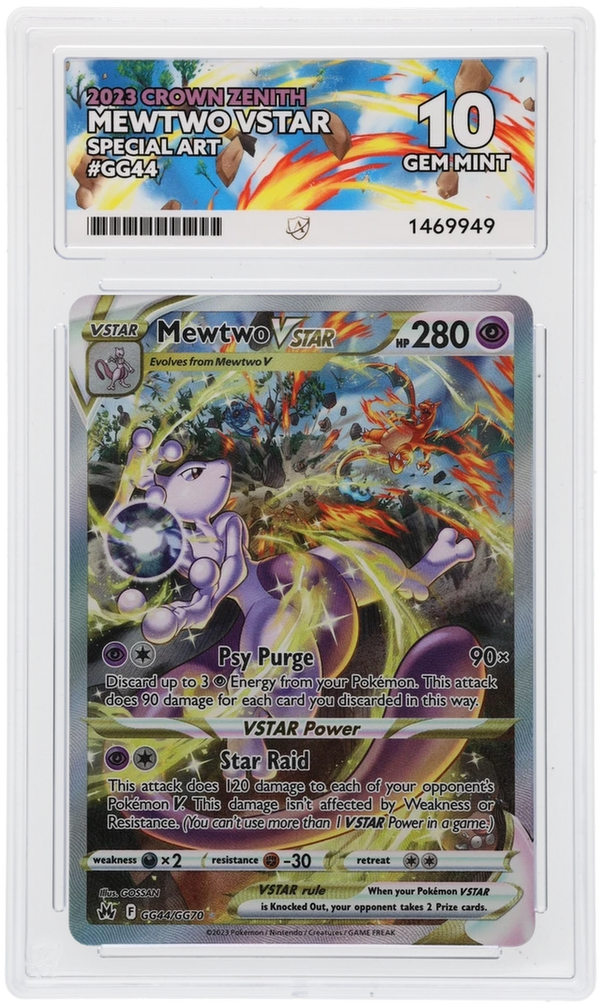 Front of Mewtwo VSTAR GG44/GG70 Crown Zenith in its ACE 10 Gem Mint slab, certificate 1469949.