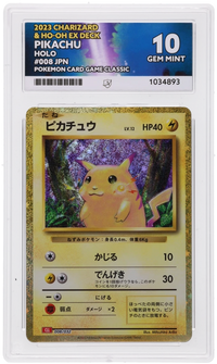 Front of Pikachu 008/032 Charizard & Ho-Oh ex Deck in its ACE 10 Gem Mint slab, certificate 1034893.