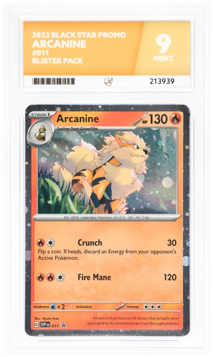Front of Arcanine 011 Black Star Promo in its ACE 9 Mint slab, certificate 213939.