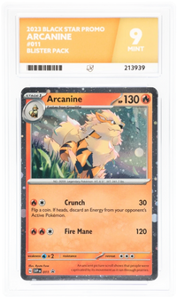 Front of Arcanine 011 Black Star Promo in its ACE 9 Mint slab, certificate 213939.