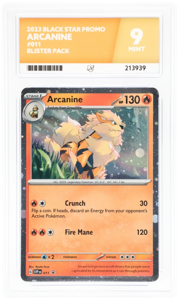 Front of Arcanine 011 Black Star Promo in its ACE 9 Mint slab, certificate 213939.