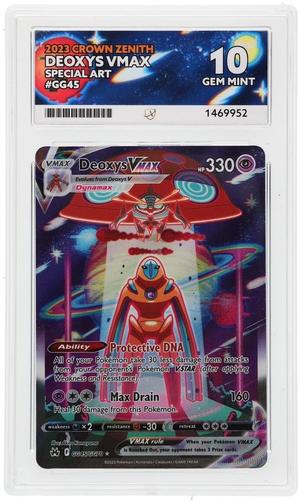 Front of Deoxys VMAX GG45/GG70 Crown Zenith in its ACE 10 Gem Mint slab, certificate 1469952.