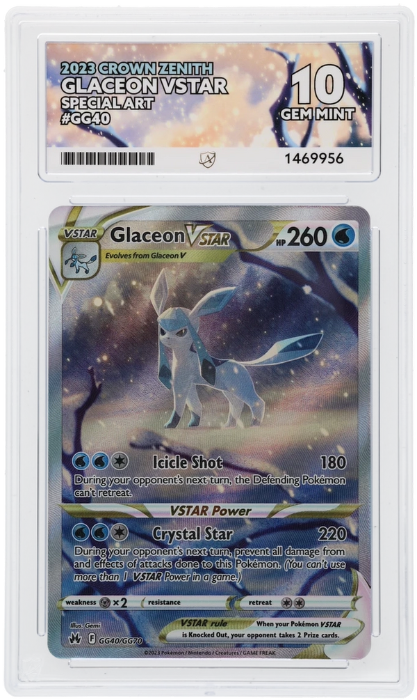 Front of Glaceon VSTAR GG40/GG70 Crown Zenith in its ACE 10 Gem Mint slab, certificate 1469956.