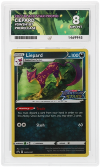Front of Liepard SWSH187 Black Star Promo in its ACE 8 NM-MT slab, certificate 1469945.