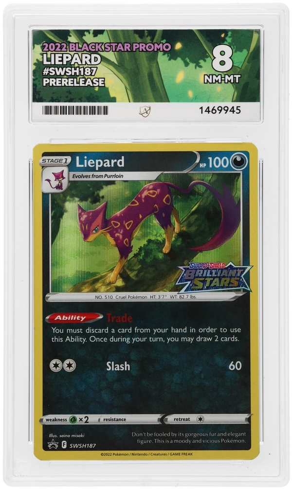 Front of Liepard SWSH187 Black Star Promo in its ACE 8 NM-MT slab, certificate 1469945.