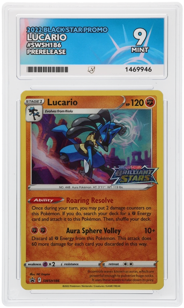Front of Lucario SWSH186 Black Star Promo in its ACE 9 Mint slab, certificate 1469946.
